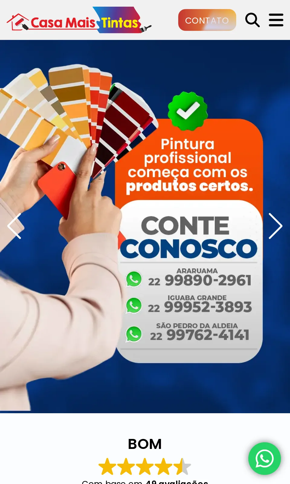 Site Casa Mais Tintas – Catálogo, Lojas e Confiança para Projetos de Pintura: versão mobile