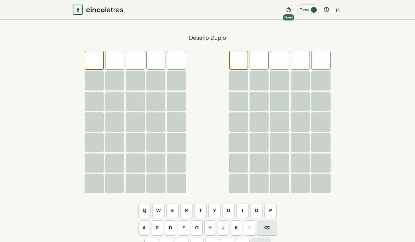Desafio Duplo do Cinco Letras no desktop: dois tabuleiros lado a lado