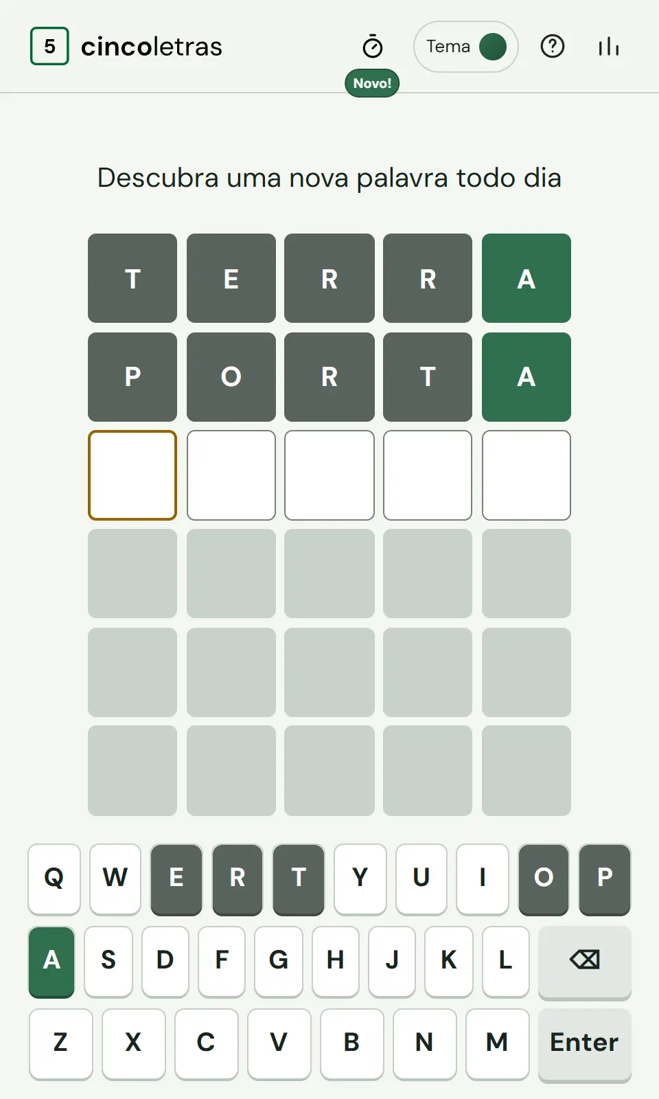 Cinco Letras no celular, tema Verde