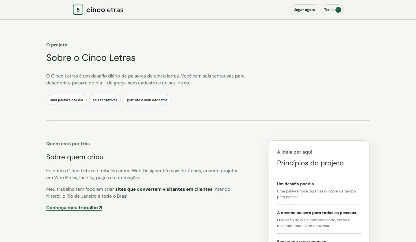 Página Sobre o Cinco Letras com os princípios do projeto
