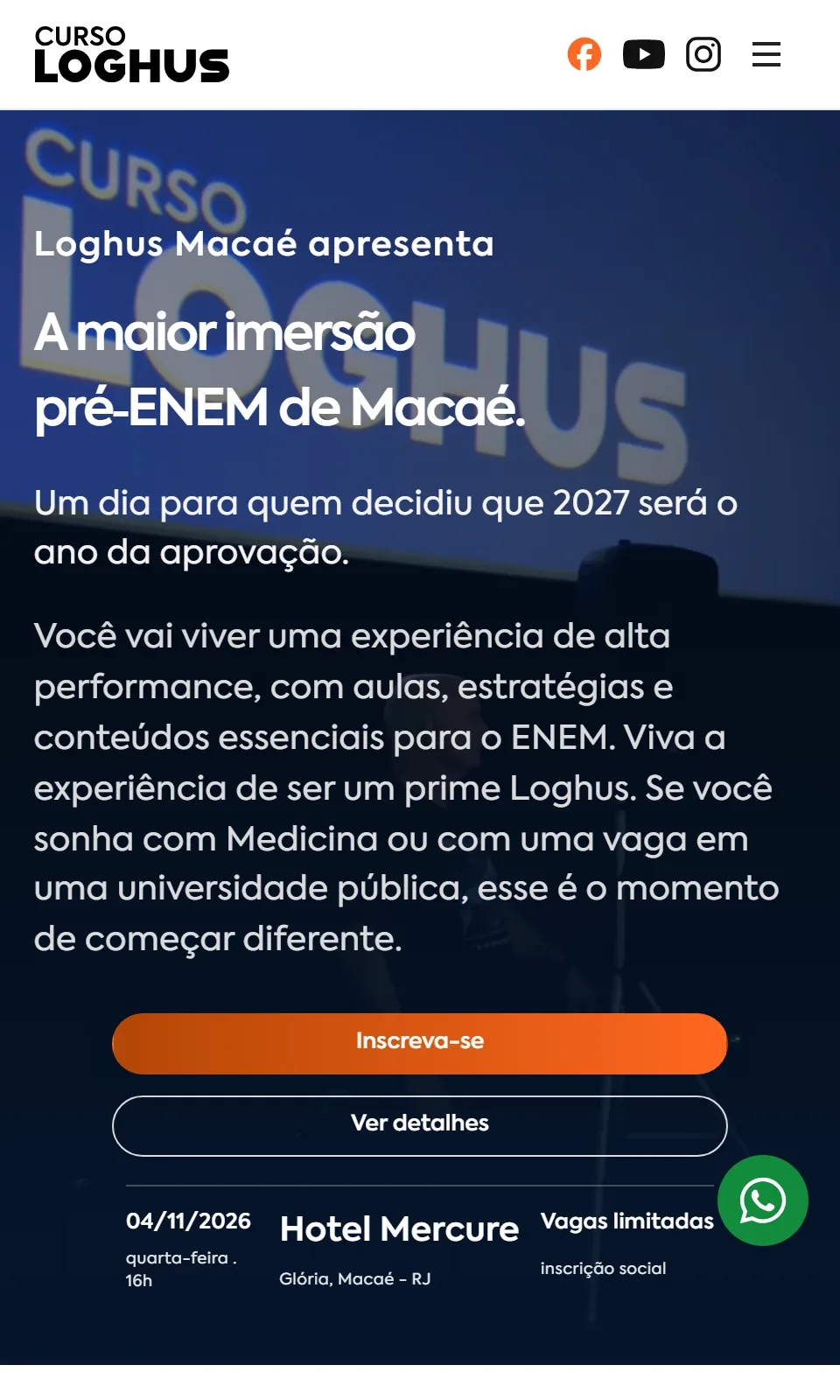 Landing Page da Imersão Pré-ENEM Loghus Macaé 2026: versão mobile