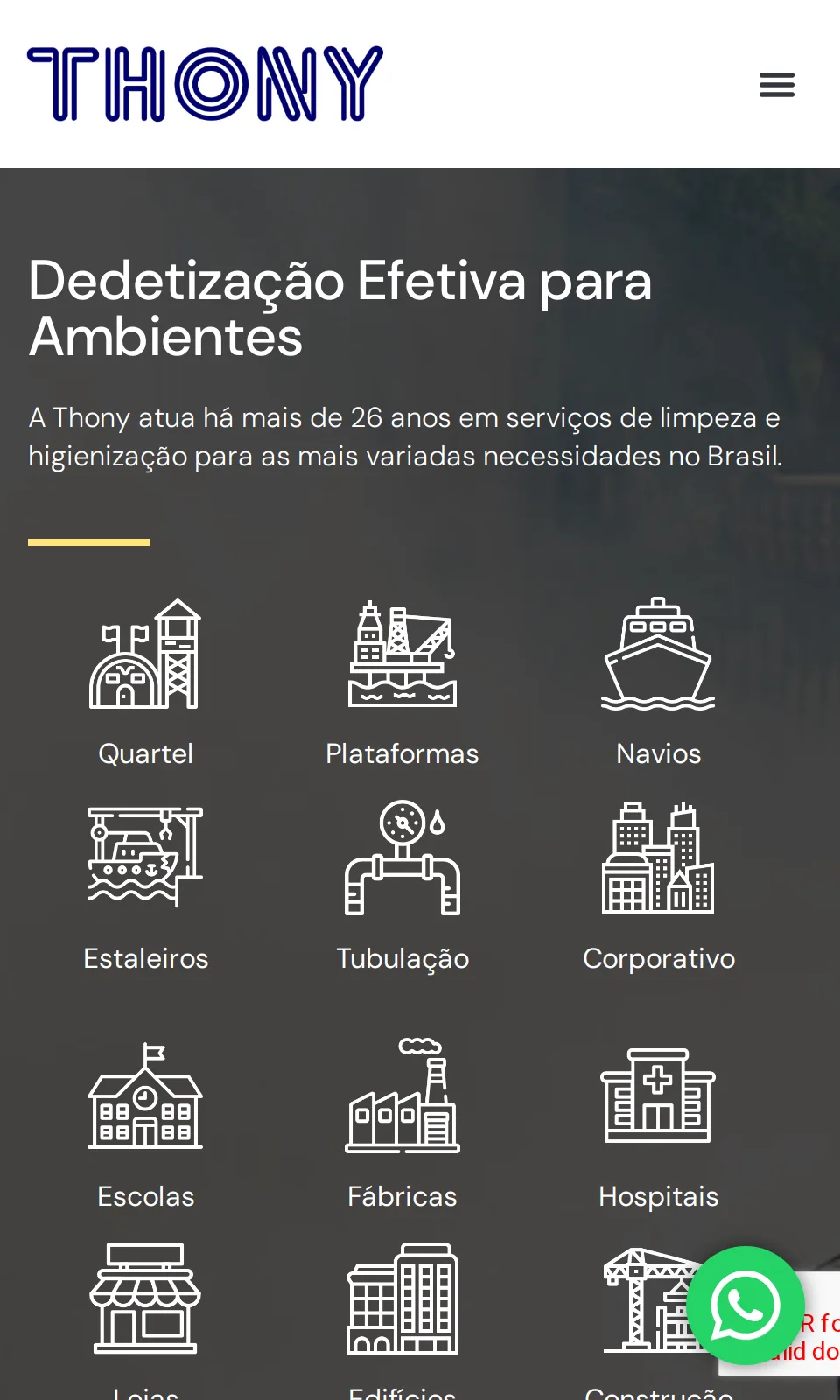 Site Thony Dedetizadora – Orçamentos para Serviços de Higienização e Controle de Pragas: versão mobile