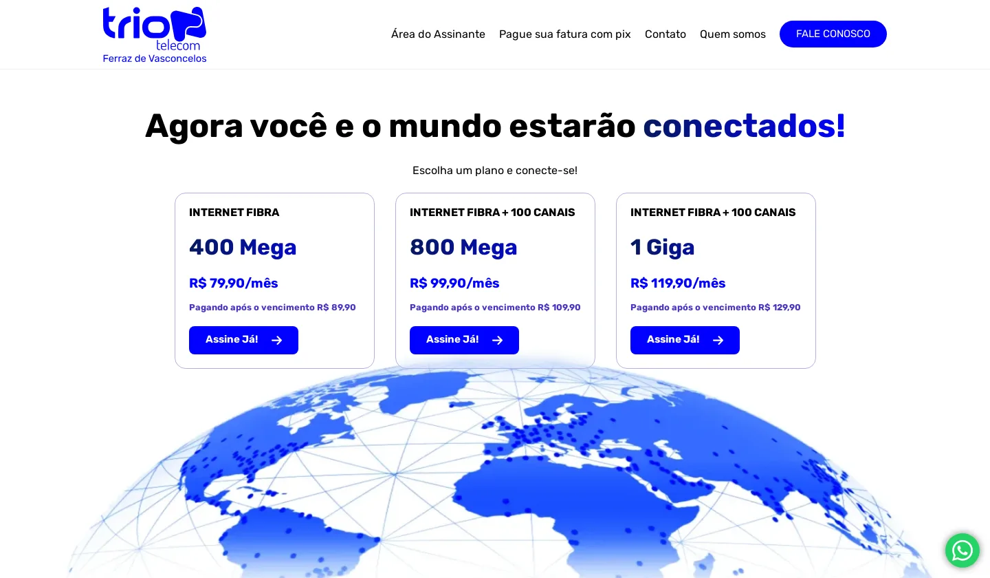 Site Trion Telecom – Planos de Internet Fibra com Contratação Simplificada