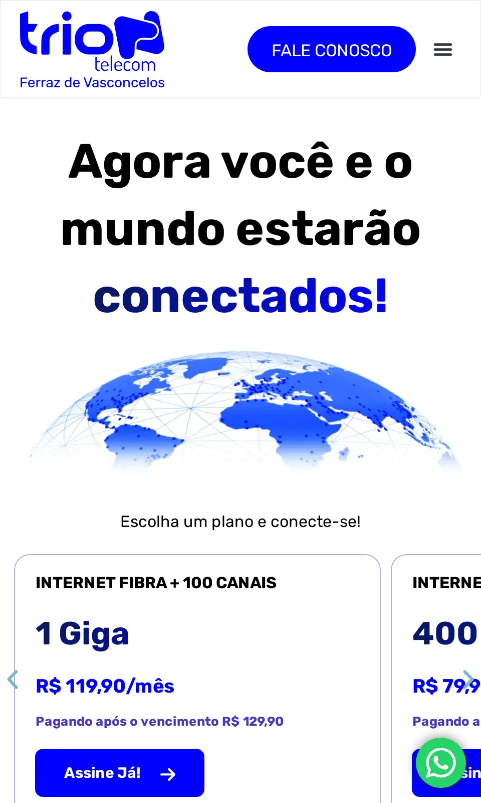 Site Trion Telecom – Planos de Internet Fibra com Contratação Simplificada: versão mobile