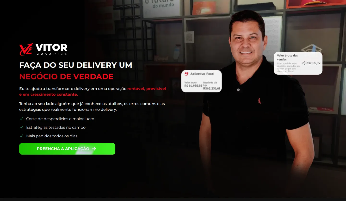 Landing Page Vitor Zavarize – Consultoria para Delivery e iFood